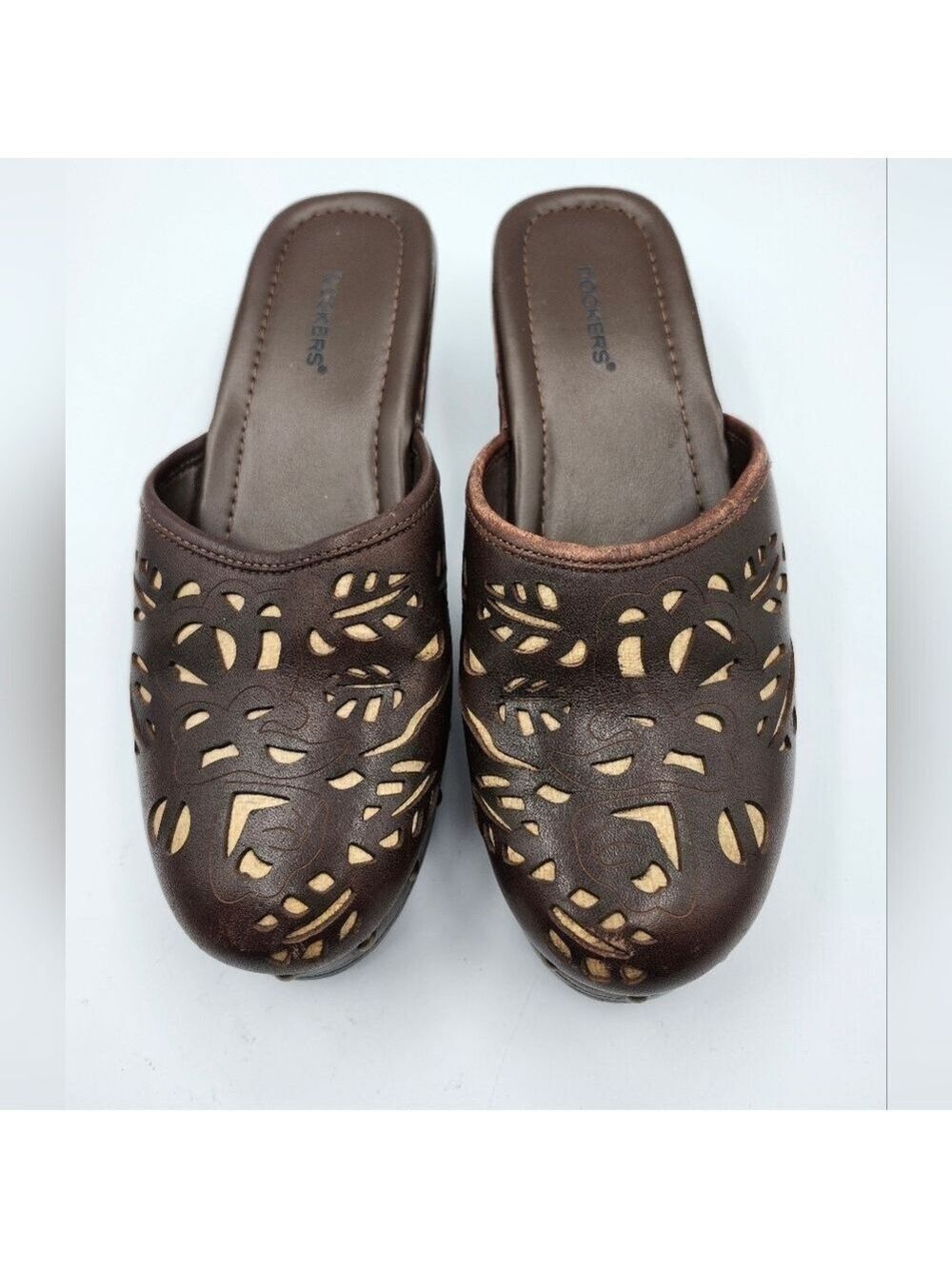 Dockers Brown Leather Mules with Intricate Cutout Design Sz 8.5M